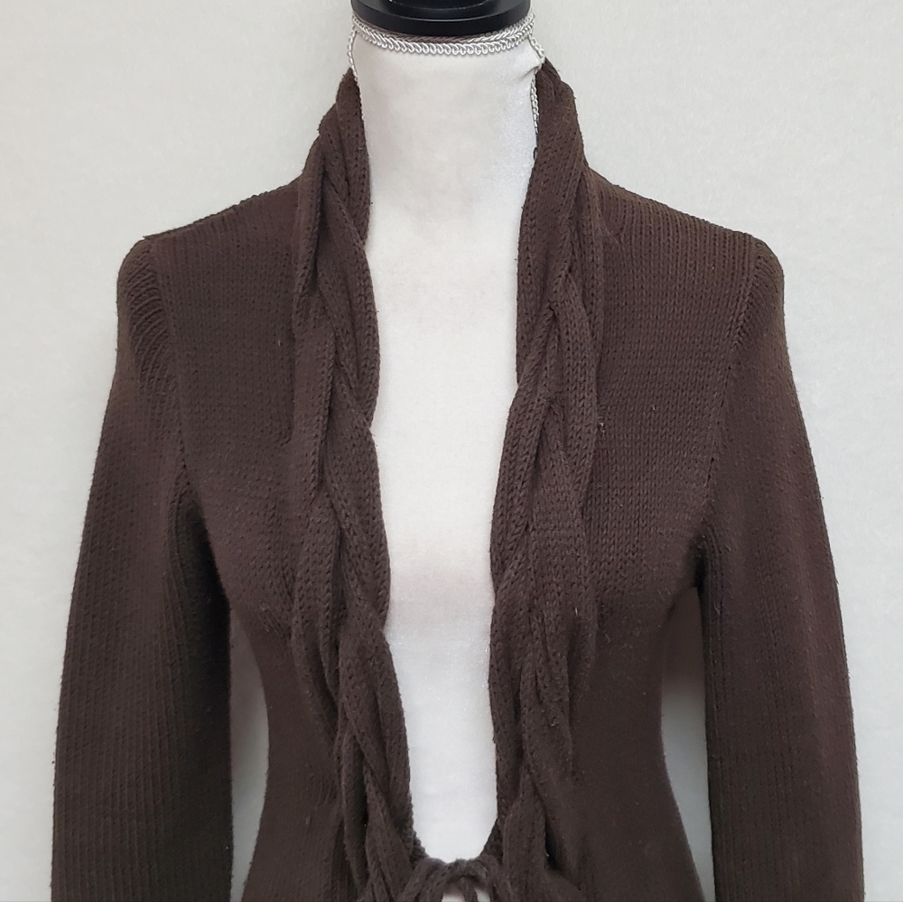 Rare Vintage 90s Max Studio Chocolate Brown Braided Detail Maxi Duster Cardigan - Picture 5 of 14